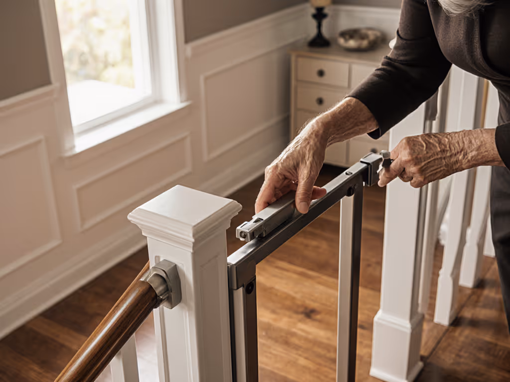 hardware-mounted_baby_gate_on_stairway_with_grandparent_opening_latch_one-handed