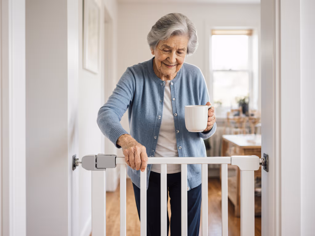 elderly_woman_closing_baby_gate_with_one_hand_while_holding_a_cup